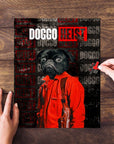 Personalized pet puzzle featuring a black pug in a red hoodie, styled as "Doggo Heist.