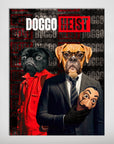Personalized 'Doggo Heist' poster featuring two pets as characters in a red jumpsuit and a suit.