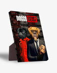 Personalized 'Doggo Heist' standing canvas featuring two pets in a crime-themed design with a black pug in an orange jumpsuit and a boxer in a suit holding a mask.