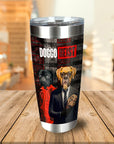 Personalized stainless steel tumbler with two custom pet portraits in a "Doggo Heist" style.