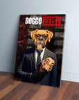 Personalized 'Doggo Heist' canvas featuring a boxer dog in a suit holding a Salvador Dalí mask.