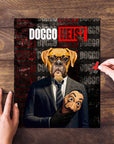 Personalized "Doggo Heist" pet puzzle featuring a custom dog portrait in a suit holding a mask.
