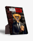 Personalized 'Doggo Heist' standing canvas featuring a boxer dog in a suit holding a mask.