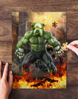 Custom personalized dog puzzle featuring a green, muscular dog in a Hulk-like pose amidst flames.