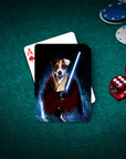 Personalized Doggo-Jedi playing card featuring a dog in a Jedi robe holding a blue lightsaber, on a green poker table.