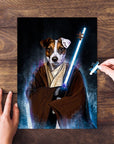 Custom personalized Doggo-Jedi pet puzzle featuring a dog in a brown robe holding a blue lightsaber.