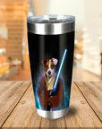 Personalized stainless steel tumbler with a custom dog Jedi portrait holding a blue lightsaber.