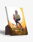 Doggo-Terrestrial personalized standing canvas featuring a dog in a blanket on a bicycle against a full moon.