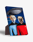 Personalized 'Doggo-Trek' standing canvas featuring a Labrador and Pug in Star Trek uniforms under a spaceship.