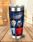 Personalized stainless steel tumbler with two dogs in Star Trek uniforms and a spaceship.