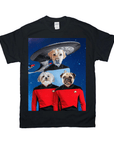 Black Gildan t-shirt with a personalized Star Trek-themed design featuring three pets.