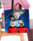 Personalized Doggo-Trek 3-pet tote bag with custom pet portraits in Star Trek uniforms.