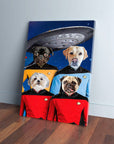 Personalized 'Doggo-Trek' canvas featuring four pets in Starfleet uniforms with a spaceship.