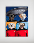 Personalized Doggo-Trek 4-pet poster featuring dogs in Star Trek uniforms against a starry sky with a spaceship.