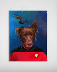 Personalized Doggo-Trek poster featuring a brown dog in a red Starfleet uniform against a starry blue galaxy.