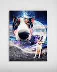 Personalized 'Doggo in Space' poster featuring a dog's head levitating over a full moon and starry sky.