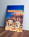 Personalized 2-pet canvas featuring two golden retrievers over a vibrant Chicago skyline at dusk.