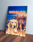 Personalized canvas featuring a golden retriever over a vibrant Chicago skyline with sparkling lights.