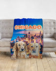 Personalized minky blanket with two golden retriever pet portraits and a vibrant Chicago cityscape design.