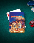 Personalized playing cards featuring two dogs with a Chicago skyline background.