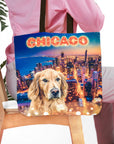 Personalized tote bag with a golden retriever portrait over a Chicago skyline.