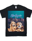 Black Gildan t-shirt with two golden retrievers in front of a Los Angeles skyline at night.