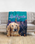 Personalized pet blanket with a golden retriever portrait and Los Angeles skyline.