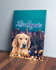 Personalized pet canvas featuring a golden retriever in front of the Los Angeles skyline with "Los Angeles" text.