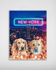 Personalized 'Doggos of New York' poster featuring two dogs over a vibrant city skyline with a neon sign.