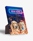 Personalized standing canvas featuring two golden retrievers over a New York City skyline with a neon sign.