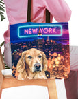 Personalized 2 pet tote bag with a golden retriever portrait and New York City skyline.