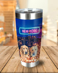 Personalized stainless steel tumbler with two dog portraits over a New York city skyline.
