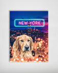 Personalized 'Doggos of New York' poster featuring a golden retriever over a vibrant city skyline with a neon "NEW YORK" sign.