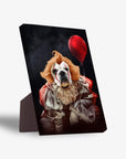 Personalized pet standing canvas featuring a dog dressed as a clown with a red balloon, on a black background.