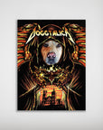 Personalized 'Doggtalica' poster featuring a dog's face in a dark hooded robe with fiery wings and a gothic church.
