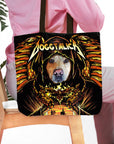 Personalized 'Doggtalica' black tote bag with a custom pet portrait in a heavy metal band style.