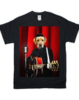 Black Gildan t-shirt with a personalized dog portrait as a rock star playing guitar against red curtains.