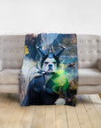 Personalized pet blanket featuring a custom Doggovinci portrait of a dog dressed as Maleficent.