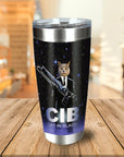 Personalized stainless steel tumbler with a custom cat portrait in a black suit, holding a weapon, against a starry background.