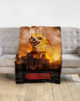 Personalized Dogzilla pet blanket featuring a chihuahua portrait over a city skyline.