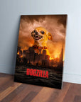 Personalized Dogzilla canvas featuring a chihuahua towering over a city skyline with an orange, fiery sky.