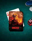 Personalized Dogzilla playing card featuring a chihuahua in a monster movie style, on a green poker table with chips and dice.