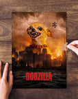 Personalized Dogzilla puzzle featuring a chihuahua over a city skyline, with hands assembling pieces.