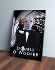 Personalized 'Double O Woofer' pet canvas featuring a yellow lab in a black tuxedo against a black and white background.