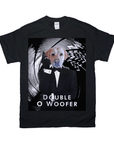 Black Gildan t-shirt with a "Double O Woofer" design featuring a dog in a tuxedo holding a gun.