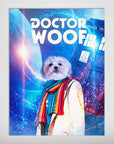 Personalized "Dr. Woof" pet poster featuring a white dog in a coat and rainbow scarf, with a blue police box and space background.
