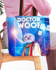 Personalized "Dr. Woof" tote bag featuring a white dog pet portrait in a Doctor Who-inspired design.