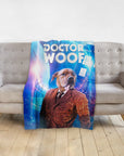 Custom Doctor Woof personalized pet blanket featuring a dog in a brown suit against a blue space background.