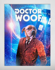 Personalized "Dr. Woof" pet poster featuring a dog in a brown suit against a blue cosmic background.