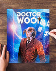 Personalized "Dr. Woof" puzzle featuring a custom dog portrait in a brown suit against a blue space background.